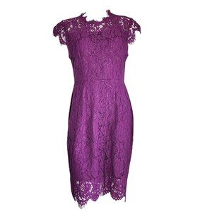 MEROKEETY Solid All Purple Lace Overlay Zip Back Pencil Dress Womens L Large